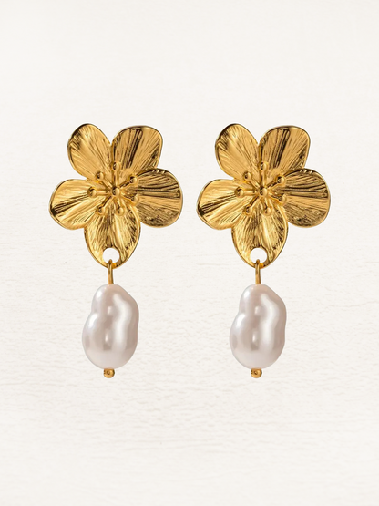 Ember Pearl Blossom Flower Earrings Gold