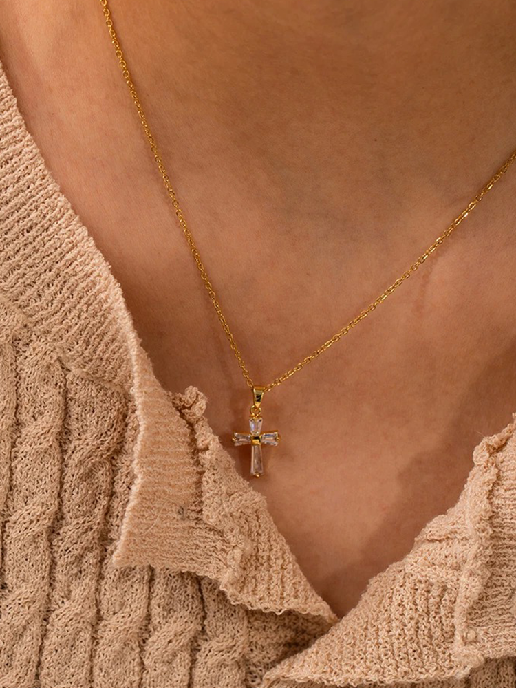 May Zirconia Cross Necklace Gold